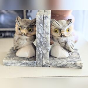 Vintage Alabaster Owl Bookends with Glass Eyes – Art Deco Style, Heavyweight